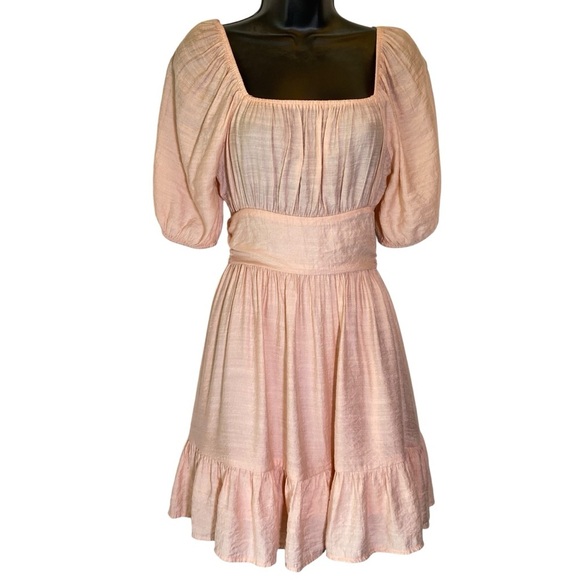 Altar'd State Women Small Peach Mini Dress Puff Sleeves Open cutout back ruffle - Picture 2 of 10